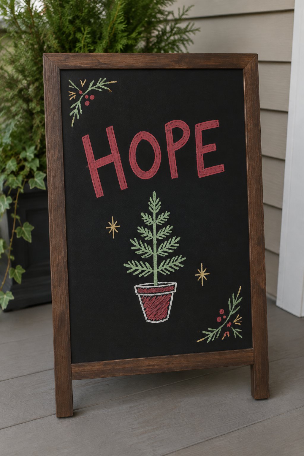 Hope Seedling: a hand-drawn christmas chalkboard sign reading "HOPE".