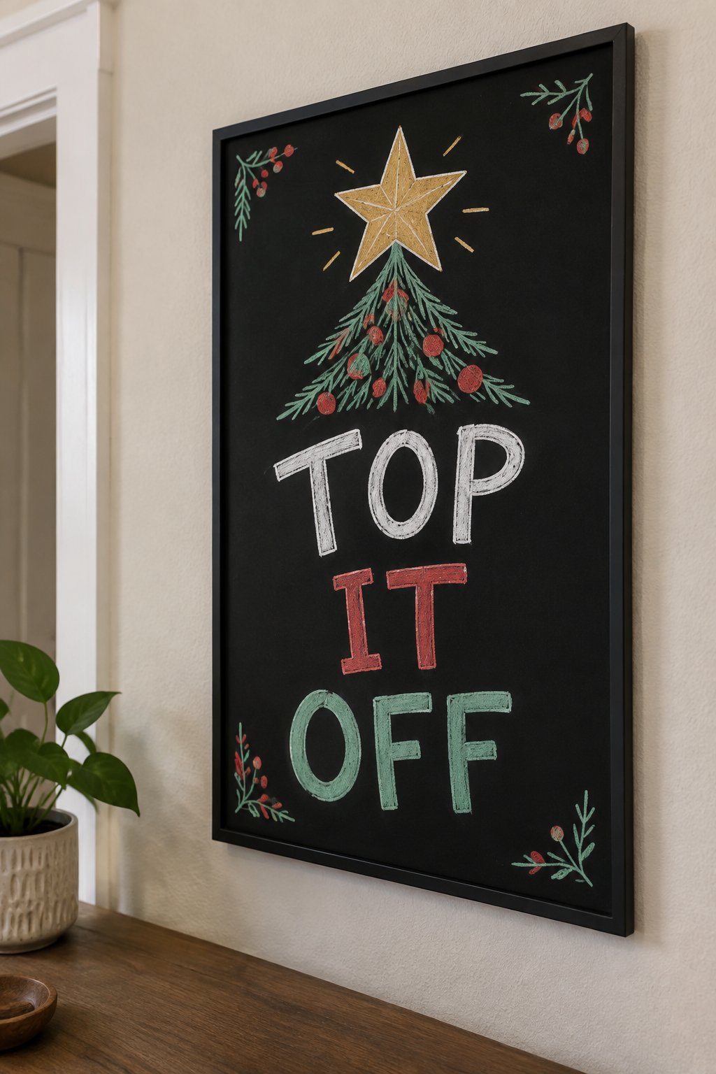 Top It Off: a hand-drawn christmas chalkboard sign reading "TOP IT OFF".