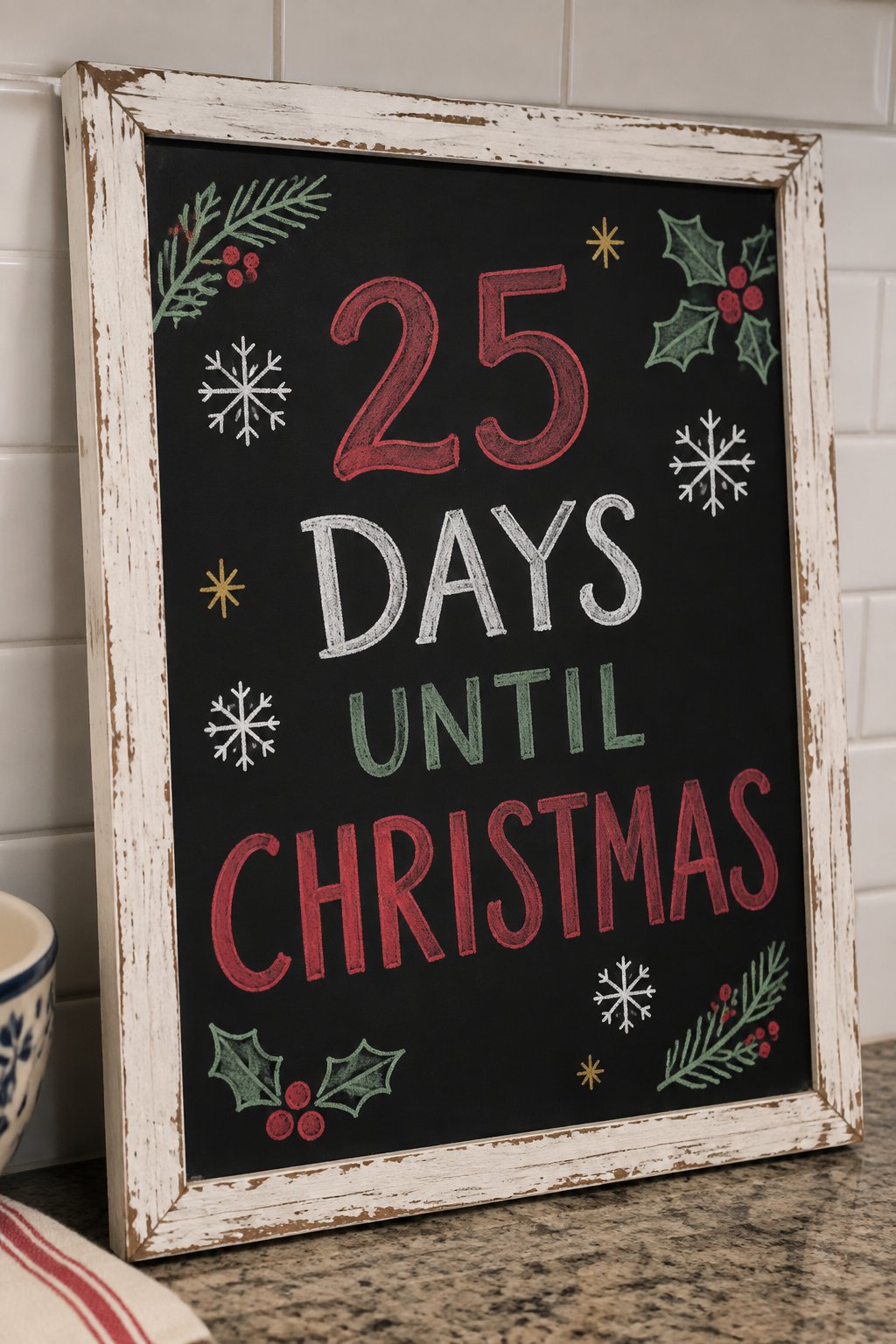 Countdown Chalkboard: a hand-drawn christmas chalkboard sign drawn without words, small pine sprigs, holly and snowflakes around the words, lettered in plain flat chalk with sharp edges, no glow, no b