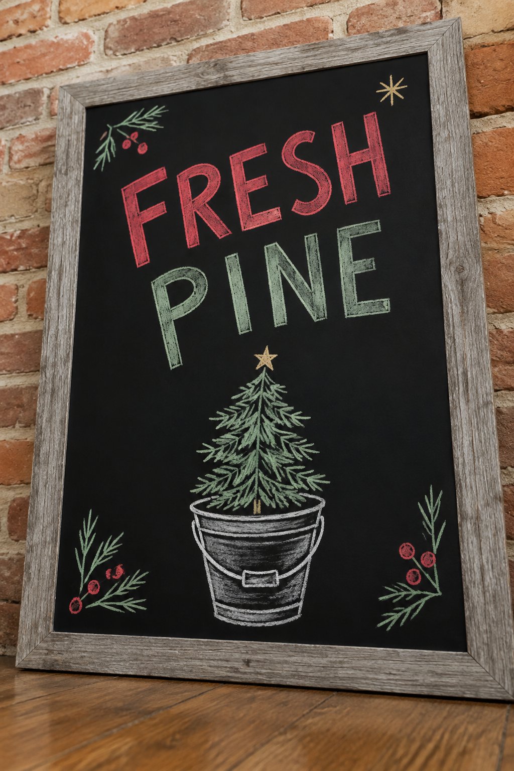 Fresh Pine Bucket: a hand-drawn christmas chalkboard sign reading "FRESH PINE".