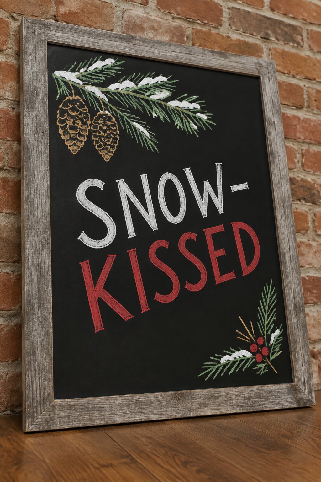 Snow-Kissed Pine: a hand-drawn christmas chalkboard sign reading "SNOW-KISSED".