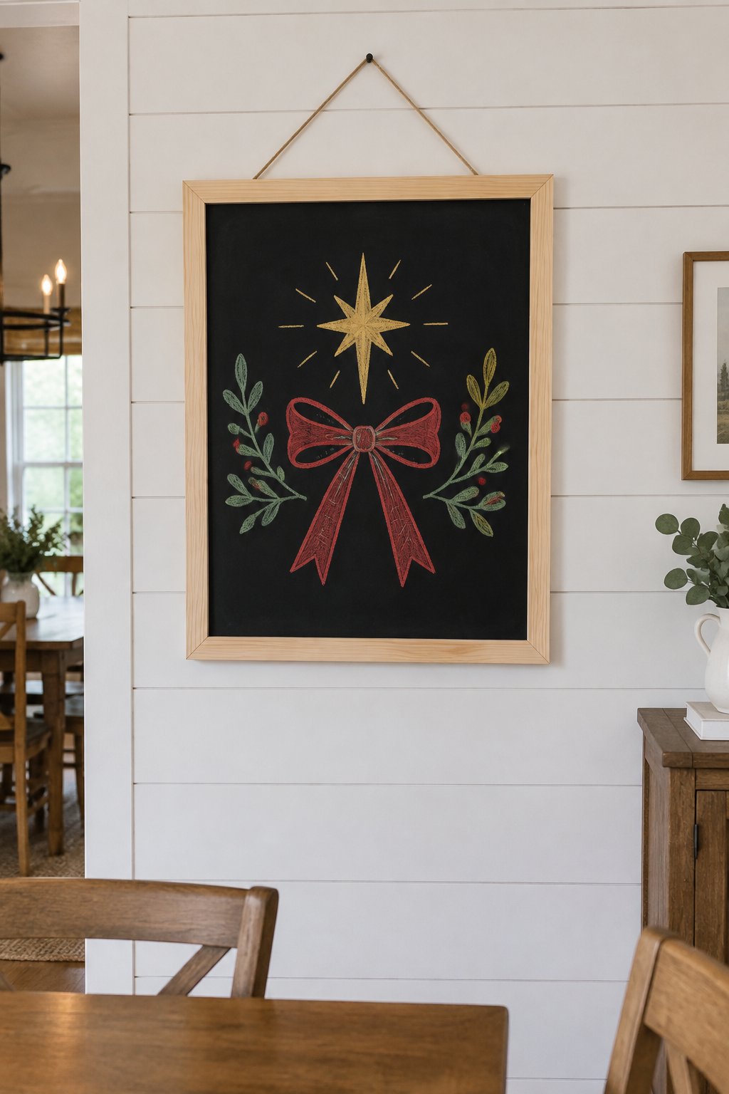 Festive Bow: a hand-drawn christmas chalkboard sign drawn without words, a ribbon bow under a shining star with leafy sprigs, drawn with clean chalk outlines and soft color fill.