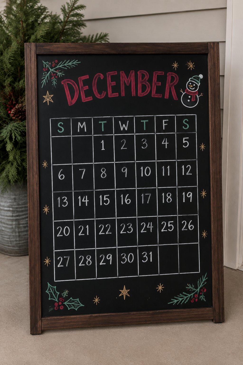 Starry Night Grid: a hand-drawn christmas chalkboard sign reading "DECEMBER".