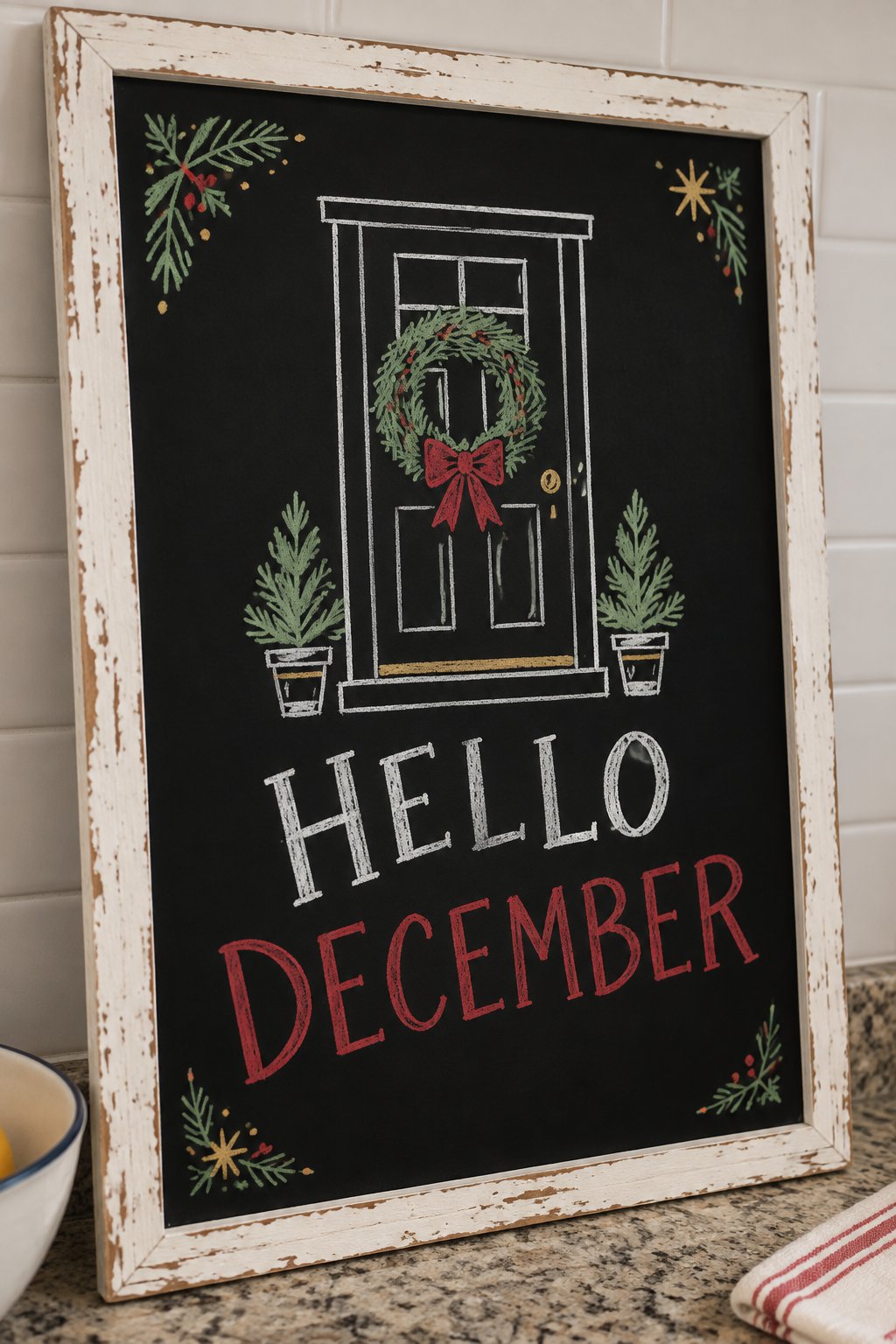 Wreath on the Door: a hand-drawn christmas chalkboard sign reading "HELLO DECEMBER".