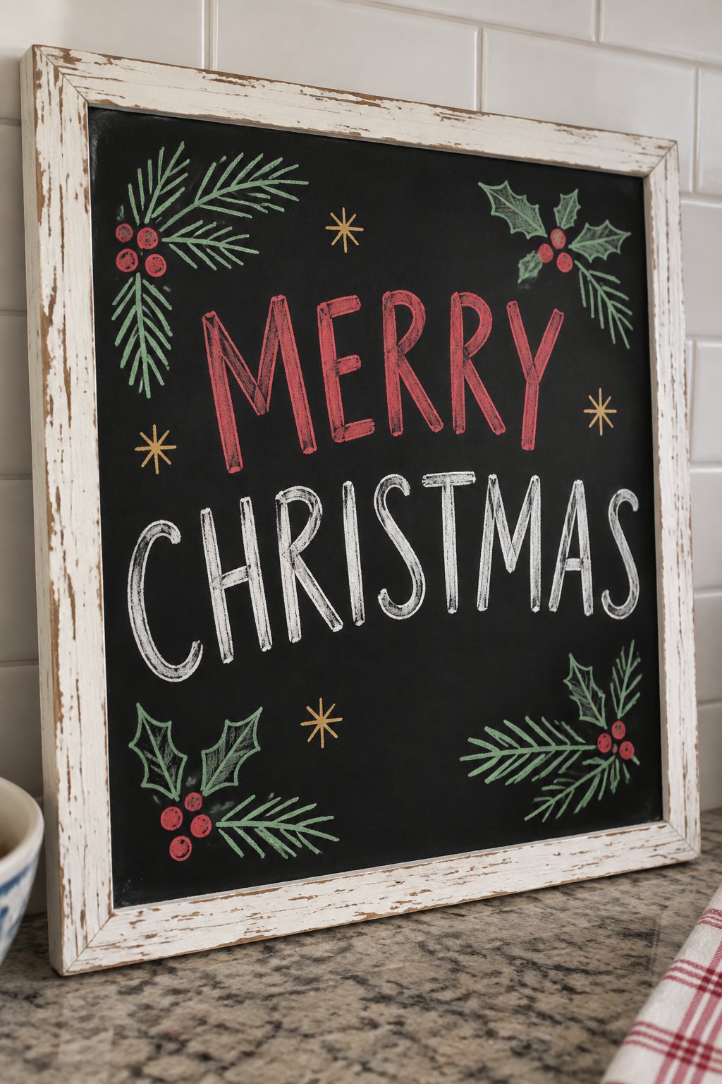 Festive Lettering: a hand-drawn christmas chalkboard sign drawn without words, pine and holly sprigs around the words, drawn with clean chalk outlines and soft color fill.