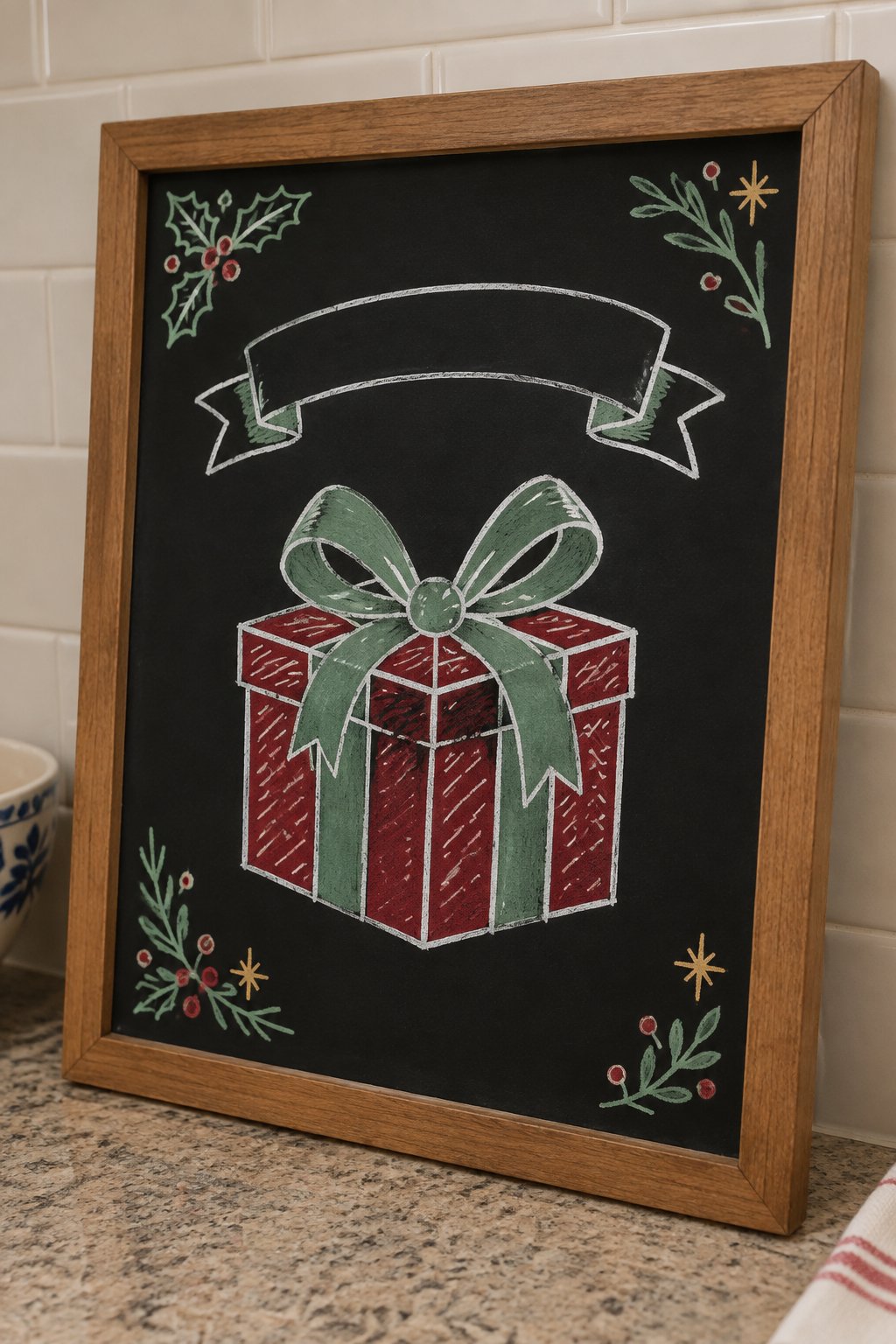 Gift Box Delight: a hand-drawn christmas chalkboard sign drawn without words, a wrapped gift with a big bow and a small ribbon banner above, drawn with clean chalk outlines and soft color fill.