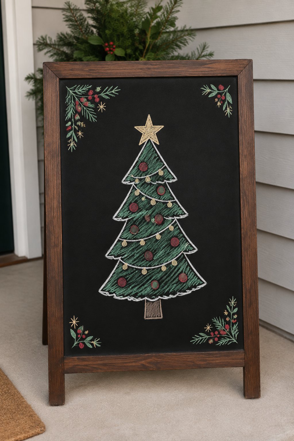 Star-Topped Tree: a hand-drawn christmas chalkboard sign drawn without words, a simple outline tree topped with a star, drawn with clean chalk outlines and soft color fill.