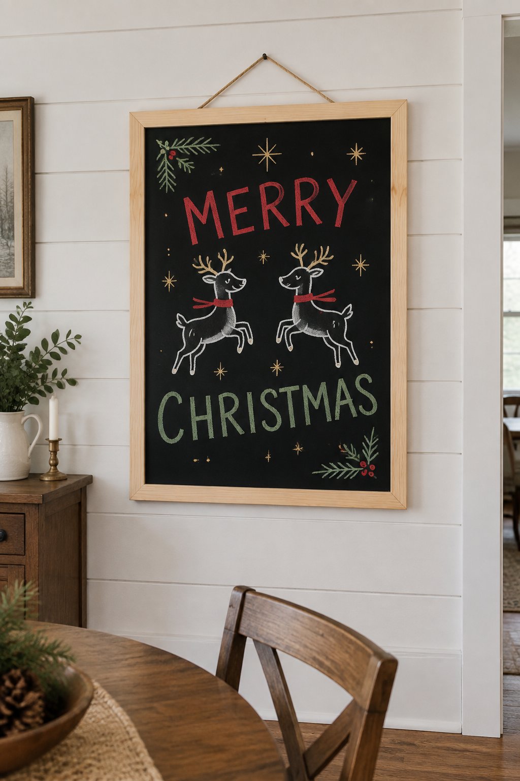 Reindeer Duo: a hand-drawn christmas chalkboard sign drawn without words, two reindeer prancing toward each other under twinkling stars.