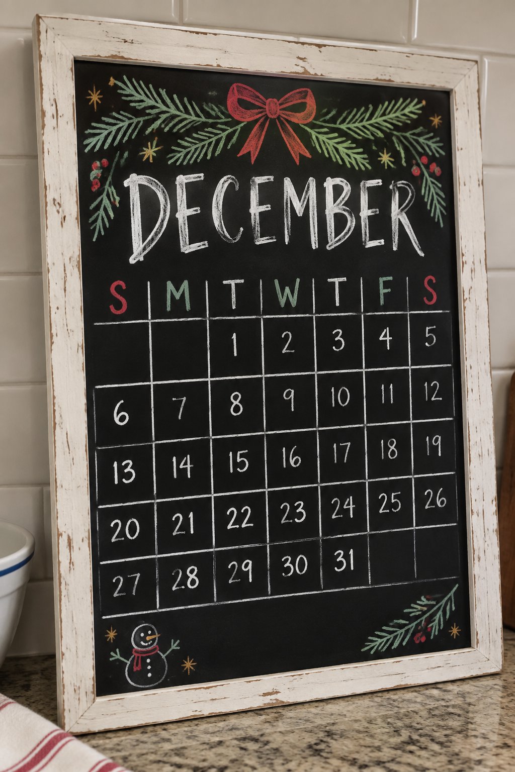 Pine Garland Grid: a hand-drawn christmas chalkboard sign reading "DECEMBER".
