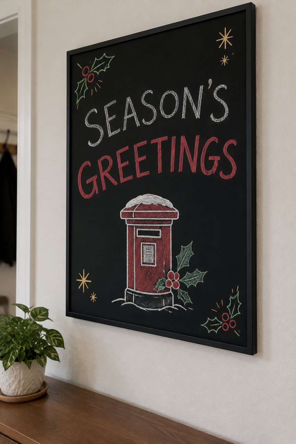 Snowy Mailbox: a hand-drawn christmas chalkboard sign reading "SEASON'S GREETINGS".