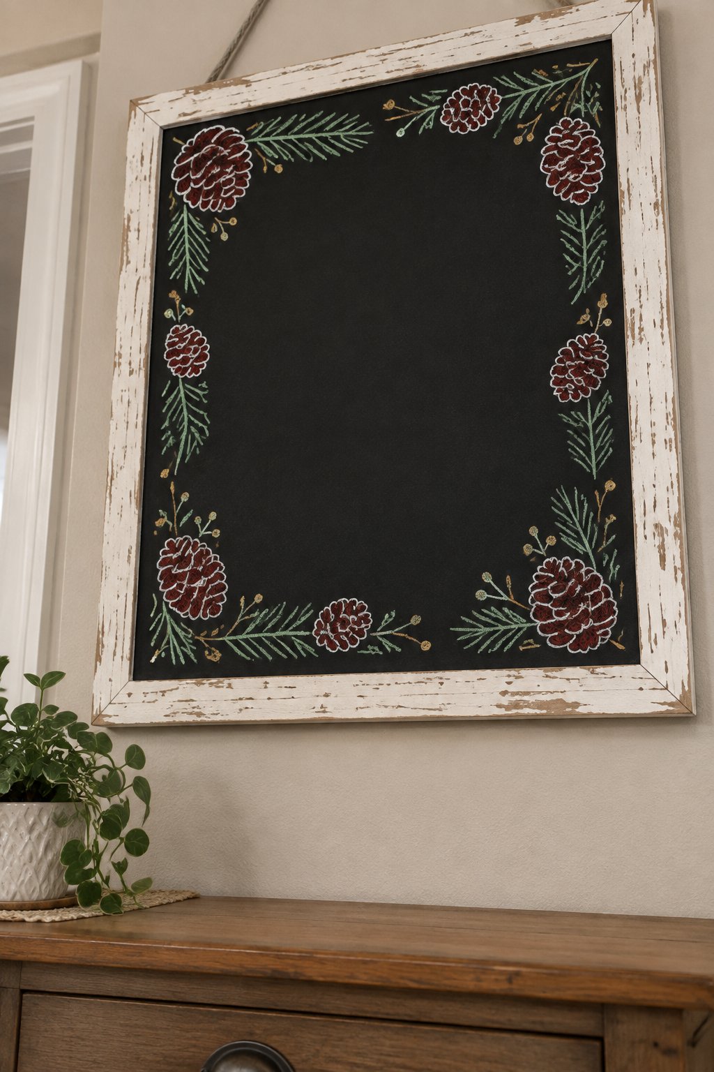 Pinecone Frame: a hand-drawn christmas chalkboard sign drawn without words, a border of pinecones around an empty board, drawn with clean chalk outlines and soft color fill.