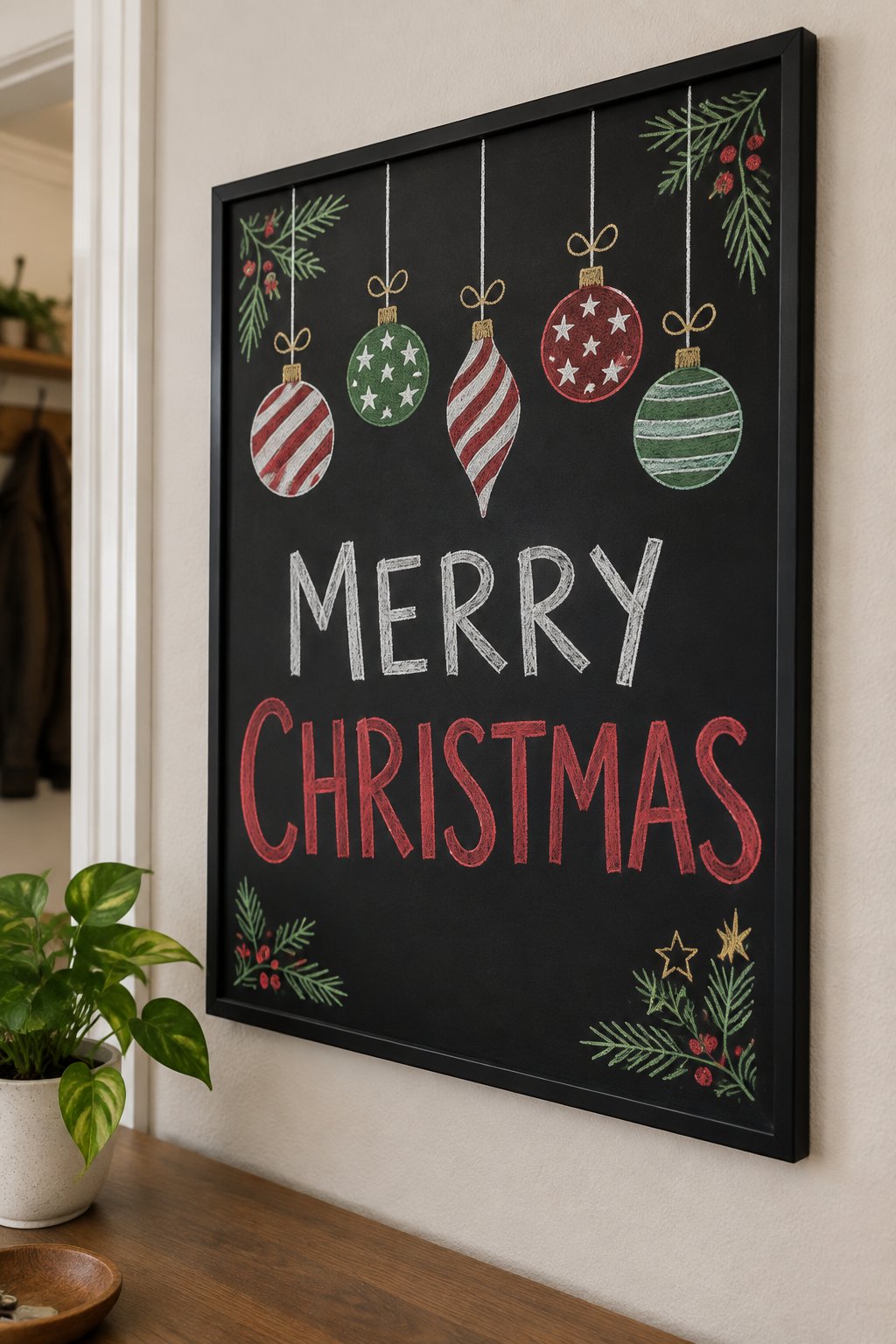 Hanging Ornaments: a hand-drawn christmas chalkboard sign drawn without words, a row of hanging striped and starry ornaments with pine sprigs.