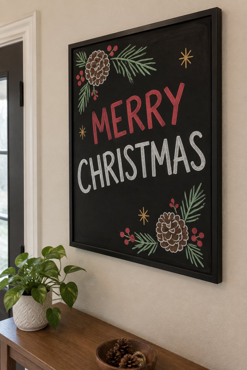 Pinecone Charm: a hand-drawn christmas chalkboard sign drawn without words, pinecones and pine sprigs, drawn with clean chalk outlines and soft color fill.