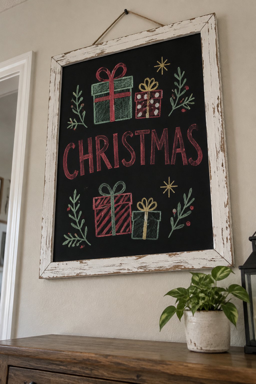 Christmas Gifts: a hand-drawn christmas chalkboard sign drawn without words, wrapped gift boxes with bows above and below the word.