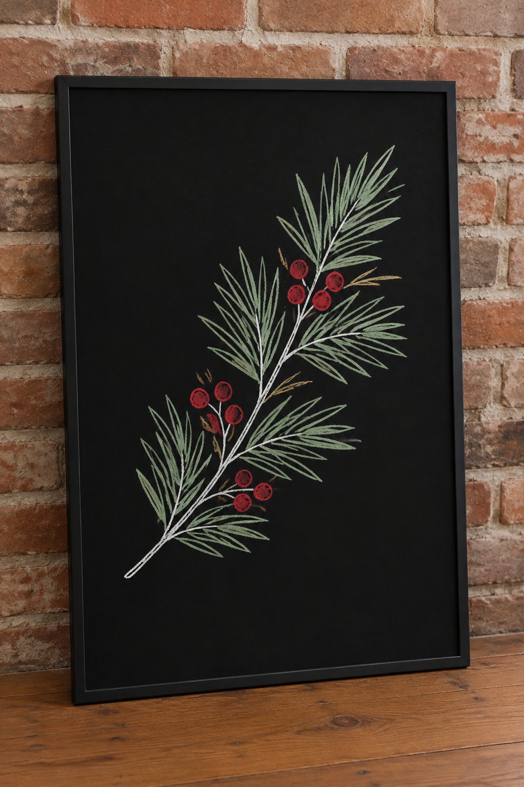 Pine Branch: a hand-drawn christmas chalkboard sign drawn without words, a single pine branch, drawn with clean chalk outlines and soft color fill.