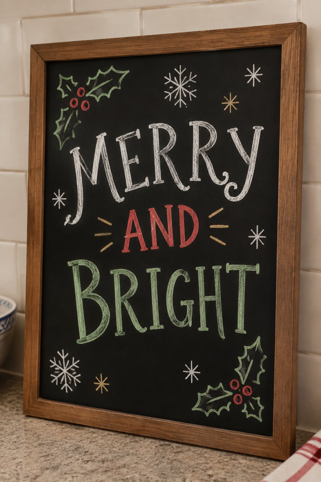 Merry and Bright: a hand-drawn christmas chalkboard sign drawn without words, holly and snowflakes around curly script, drawn with clean chalk outlines and soft color fill.