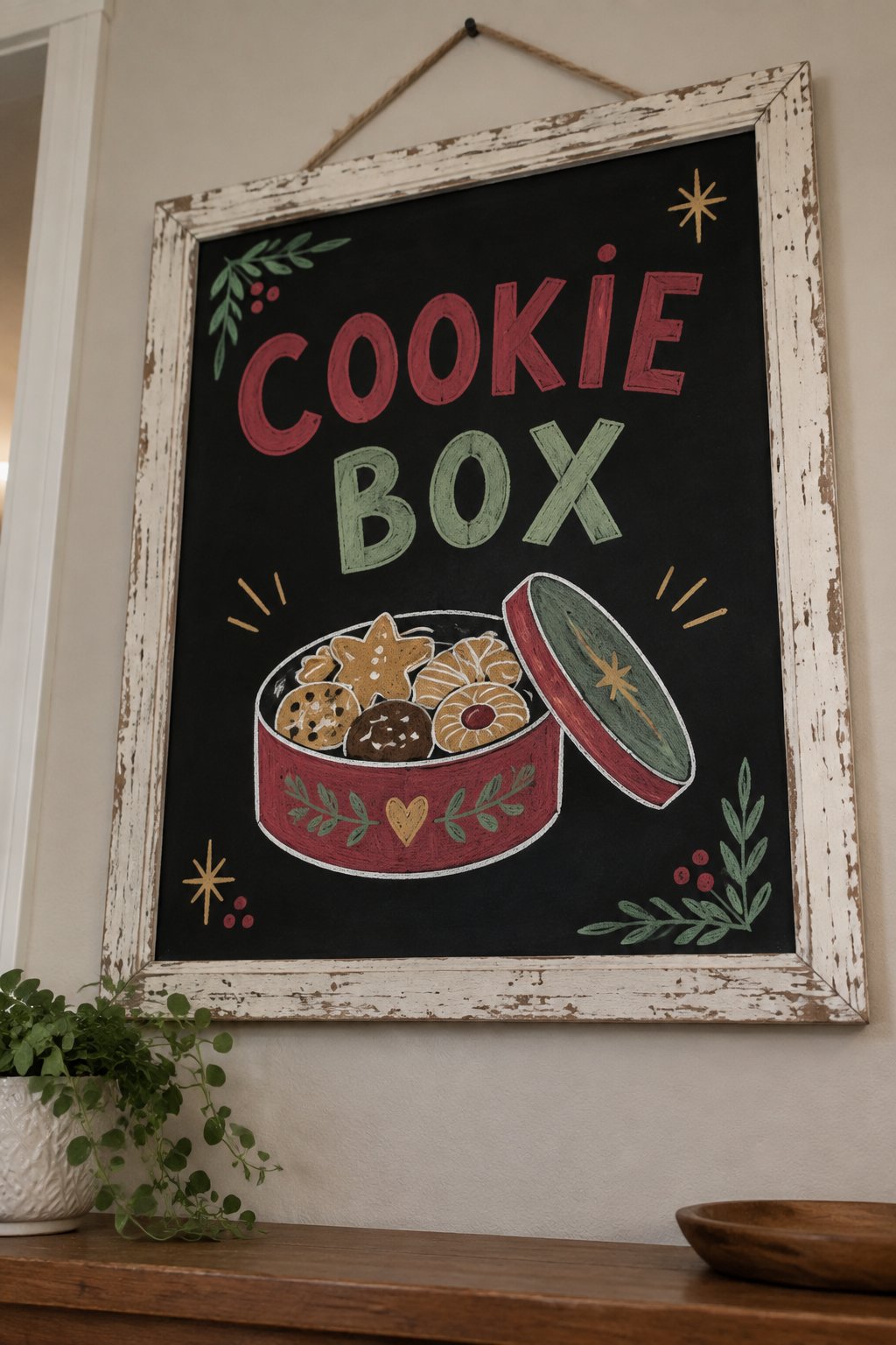 Christmas Cookie Box: a hand-drawn christmas chalkboard sign reading "COOKIE BOX".