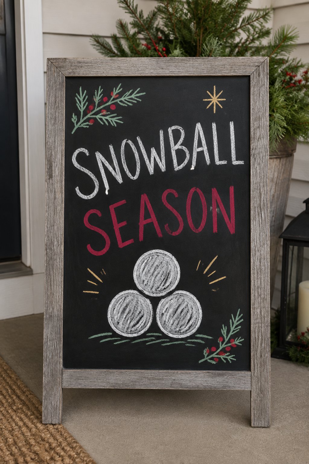 Snowball Season: a hand-drawn christmas chalkboard sign reading "SNOWBALL SEASON".