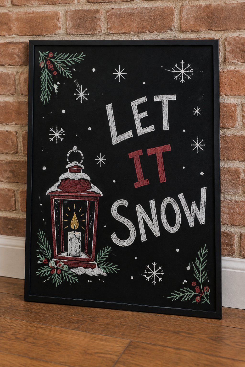 Season’s Greetings: a hand-drawn christmas chalkboard sign drawn without words, a snowy lantern with a glowing candle and falling snowflakes.