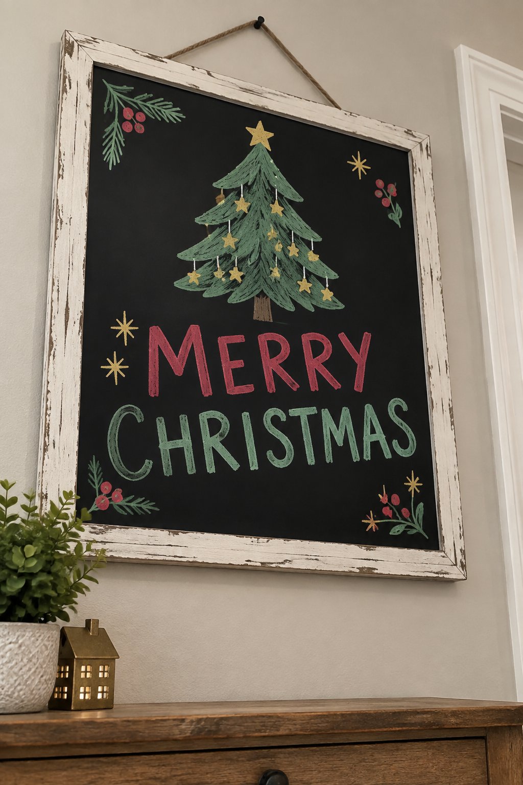 Starry Tree: a hand-drawn christmas chalkboard sign drawn without words, a green tree hung with little stars, drawn with clean chalk outlines and soft color fill.