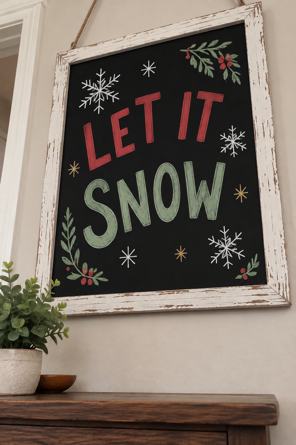 Snowy Words: a hand-drawn christmas chalkboard sign drawn without words, snowflakes around flowing script, drawn with clean chalk outlines and soft color fill.