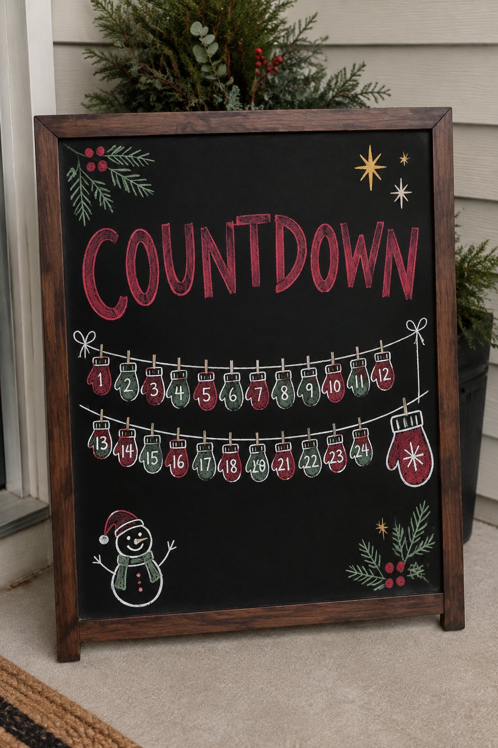 Mitten Clothesline: a hand-drawn christmas chalkboard sign reading "COUNTDOWN".