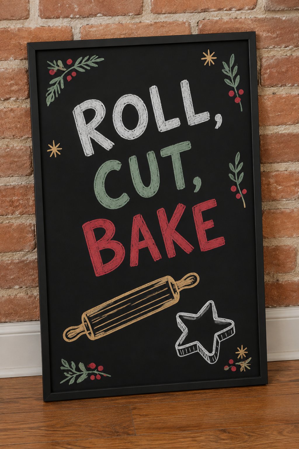 Roll, Cut, Bake: a hand-drawn christmas chalkboard sign reading "ROLL, CUT, BAKE".