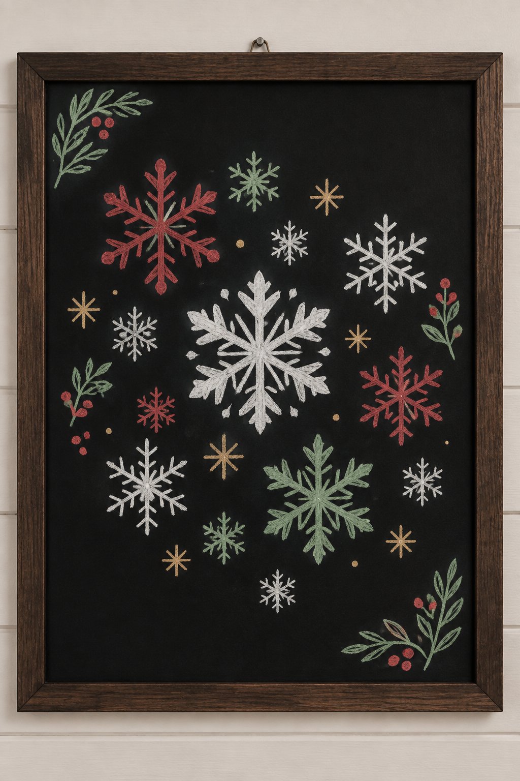 Snowflake Cluster: a hand-drawn christmas chalkboard sign drawn without words, a round cluster of snowflakes in different sizes, drawn with clean chalk outlines and soft color fill.