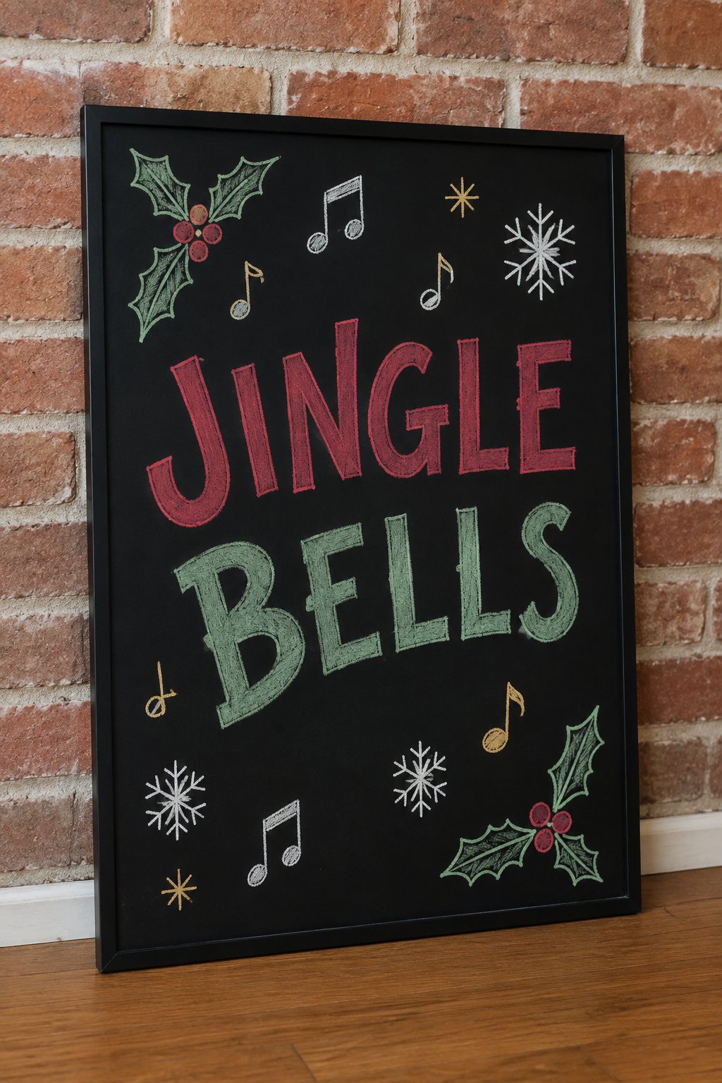 Jingle Notes: a hand-drawn christmas chalkboard sign drawn without words, music notes, holly and snowflakes, drawn with clean chalk outlines and soft color fill.