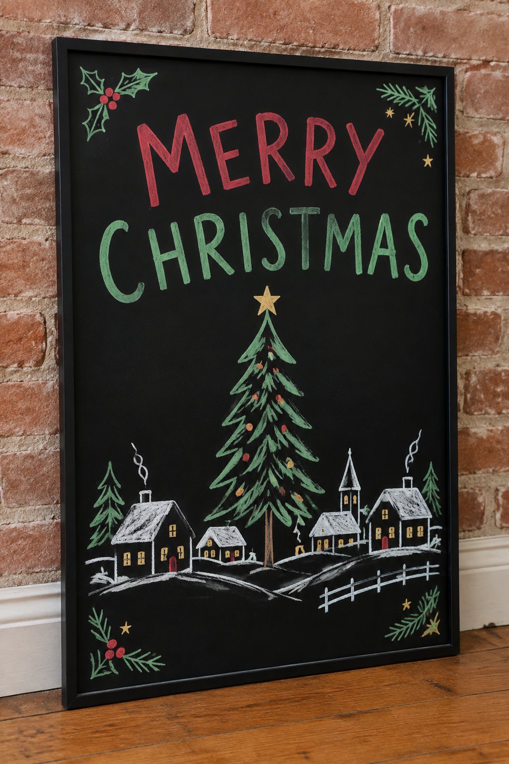 Snowy Village: a hand-drawn christmas chalkboard sign drawn without words, a tall tree above a snowy village, drawn with clean chalk outlines and soft color fill.