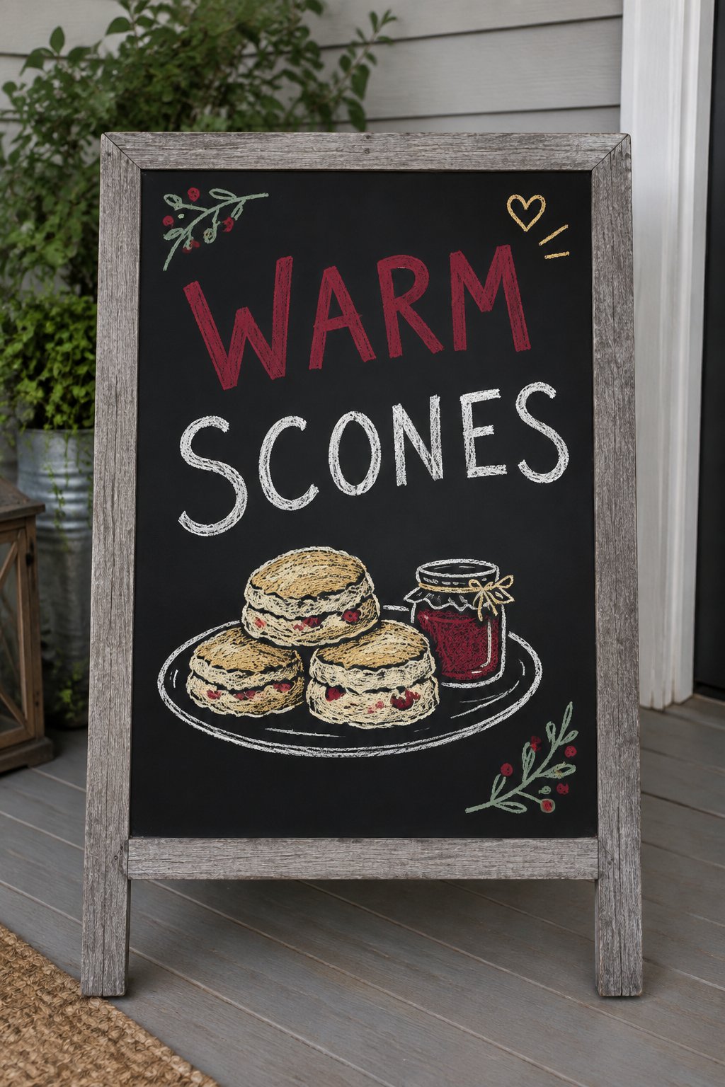 Warm Scones: a hand-drawn christmas chalkboard sign reading "WARM SCONES".