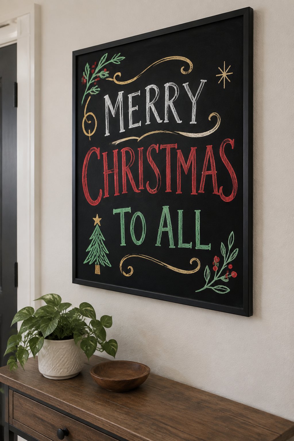 Scripted Greeting: a hand-drawn christmas chalkboard sign drawn without words, flowing script with flourishes and a tiny tree, drawn with clean chalk outlines and soft color fill.