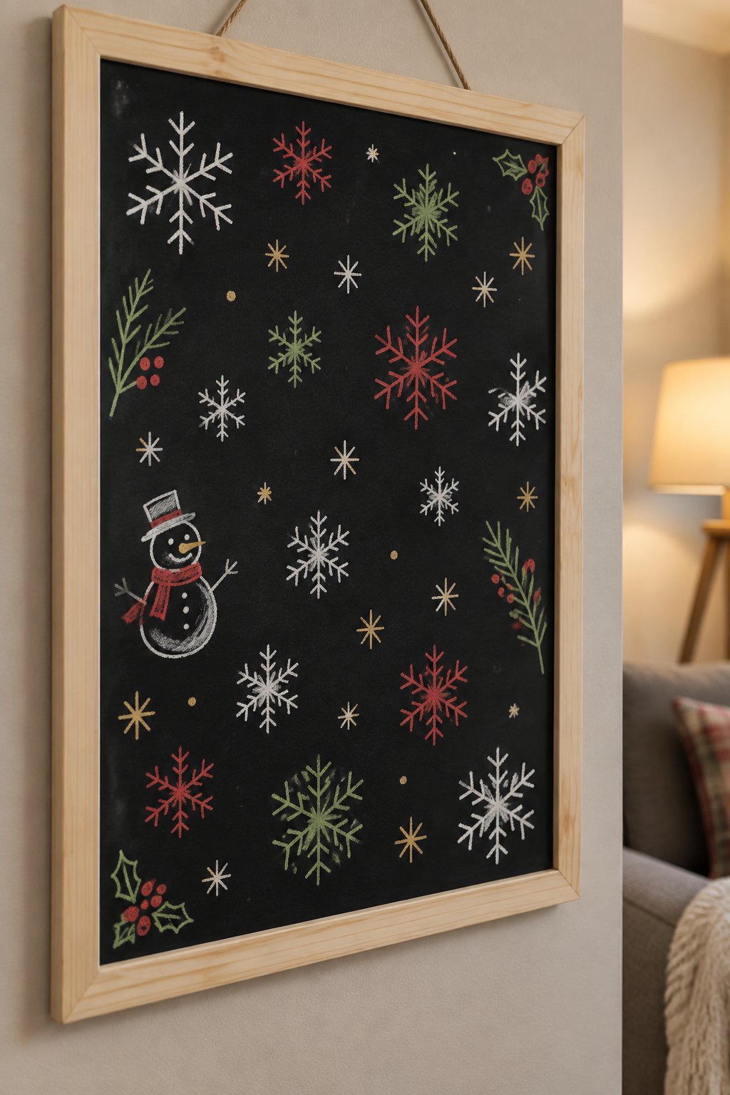 Snowflake Magic: a hand-drawn christmas chalkboard sign drawn without words, a scattering of snowflakes across the whole board, drawn with clean chalk outlines and soft color fill.