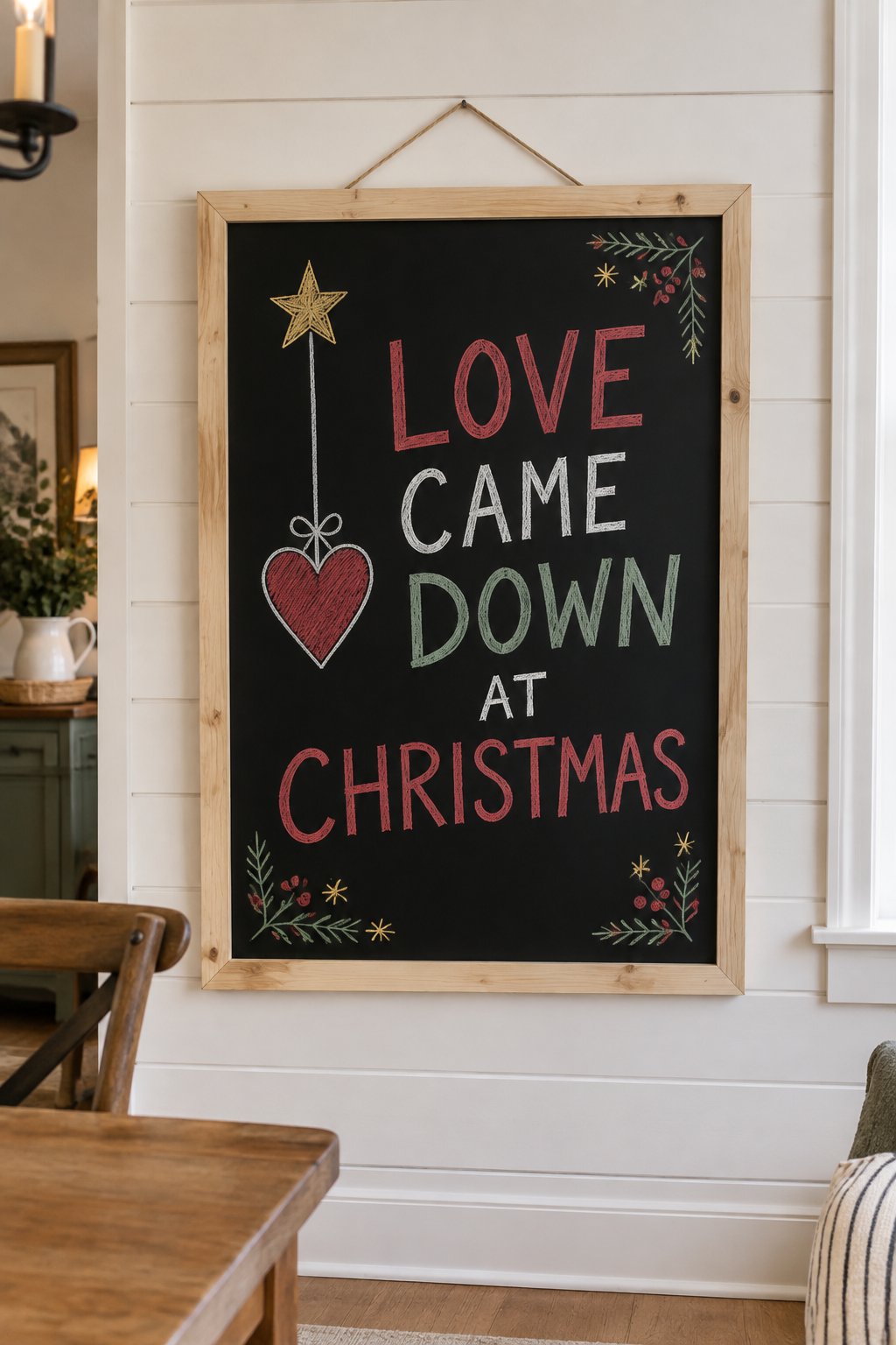 Love Came Down: a hand-drawn christmas chalkboard sign reading "LOVE CAME DOWN AT CHRISTMAS".