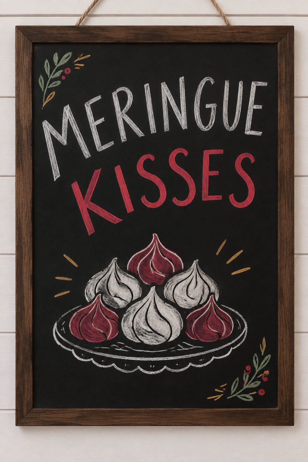 Meringue Kisses: a hand-drawn christmas chalkboard sign reading "MERINGUE KISSES".