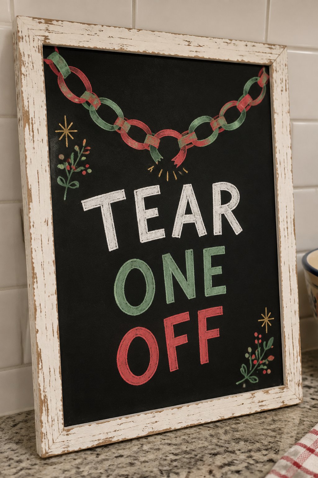 Paper Chain Countdown: a hand-drawn christmas chalkboard sign reading "TEAR ONE OFF".