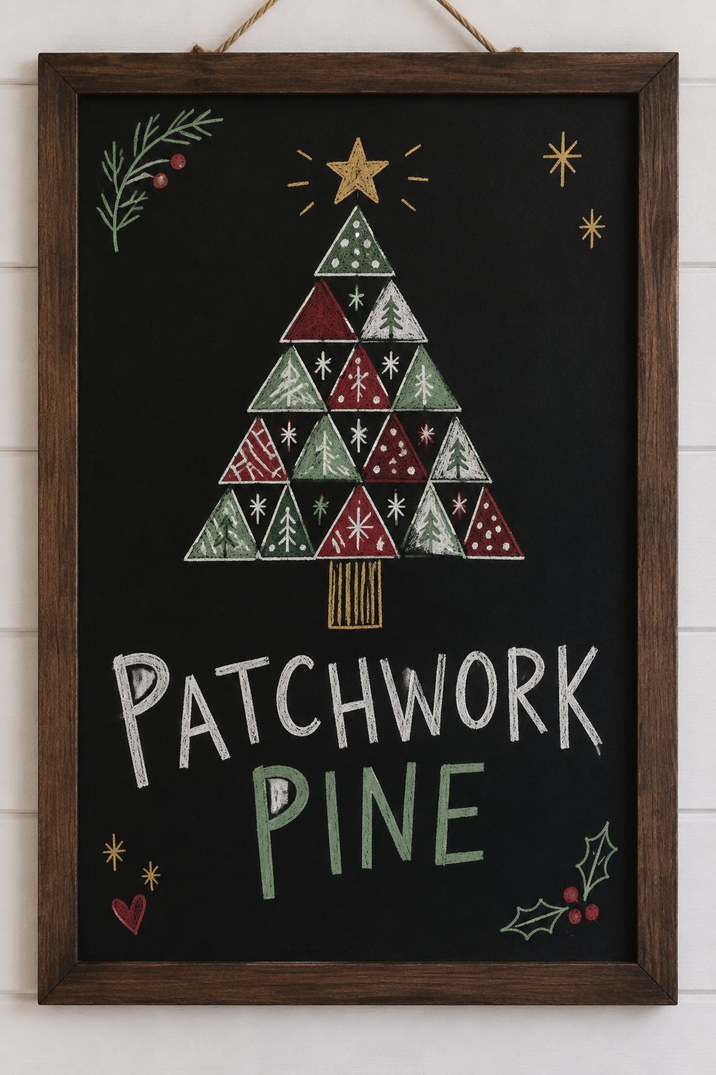 Patchwork Pine: a hand-drawn christmas chalkboard sign reading "PATCHWORK PINE".