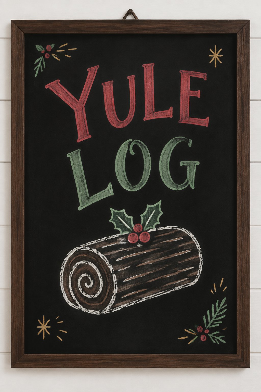 Yule Log Cake: a hand-drawn christmas chalkboard sign reading "YULE LOG".