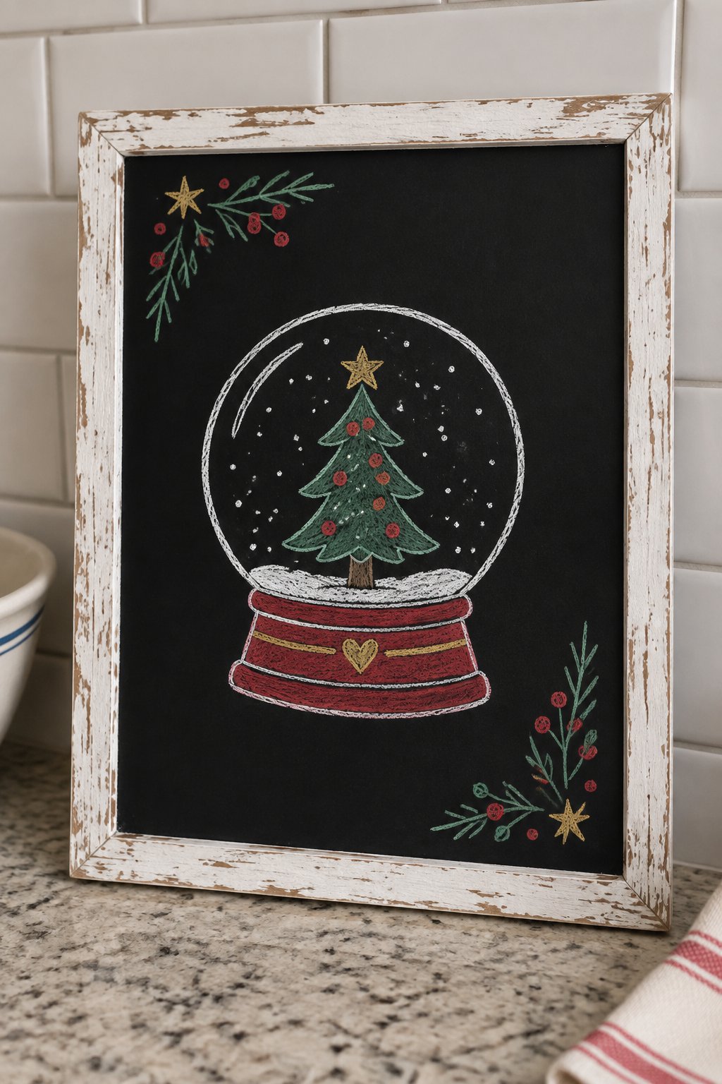 Snow Globe Wonder: a hand-drawn christmas chalkboard sign drawn without words, a snow globe with a little Christmas tree inside, drawn with clean chalk outlines and soft color fill.