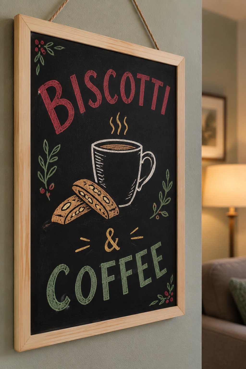 Biscotti and Coffee: a hand-drawn christmas chalkboard sign reading "BISCOTTI & COFFEE".