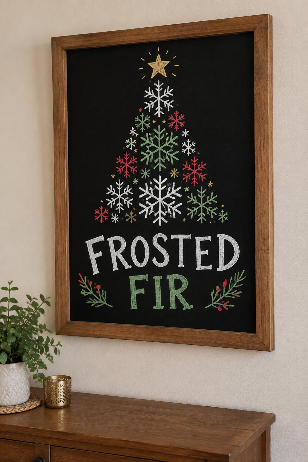 Frosted Fir: a hand-drawn christmas chalkboard sign reading "FROSTED FIR".