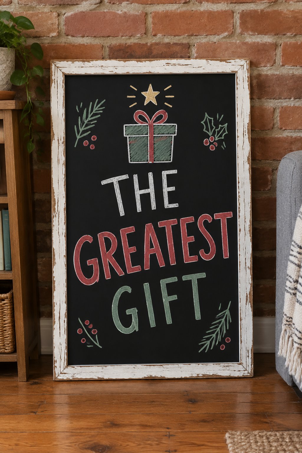 The Greatest Gift: a hand-drawn christmas chalkboard sign reading "THE GREATEST GIFT".