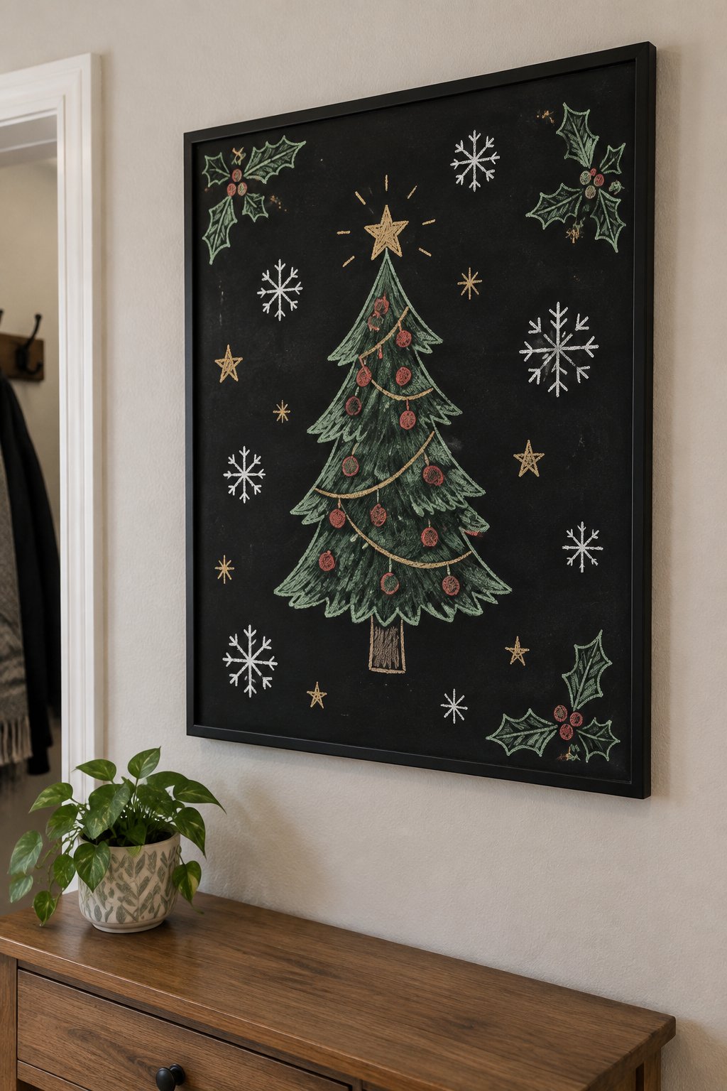 Evergreen Delight: a hand-drawn christmas chalkboard sign drawn without words, a Christmas tree surrounded by stars, snowflakes and holly, drawn with clean chalk outlines and soft color fill.