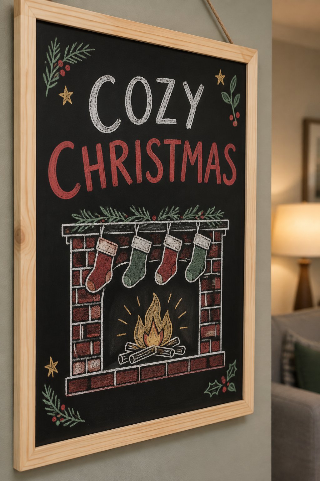 Cozy Fireplace: a hand-drawn christmas chalkboard sign drawn without words, a brick fireplace with four stockings and a glowing fire, drawn with clean chalk outlines and soft color fill.