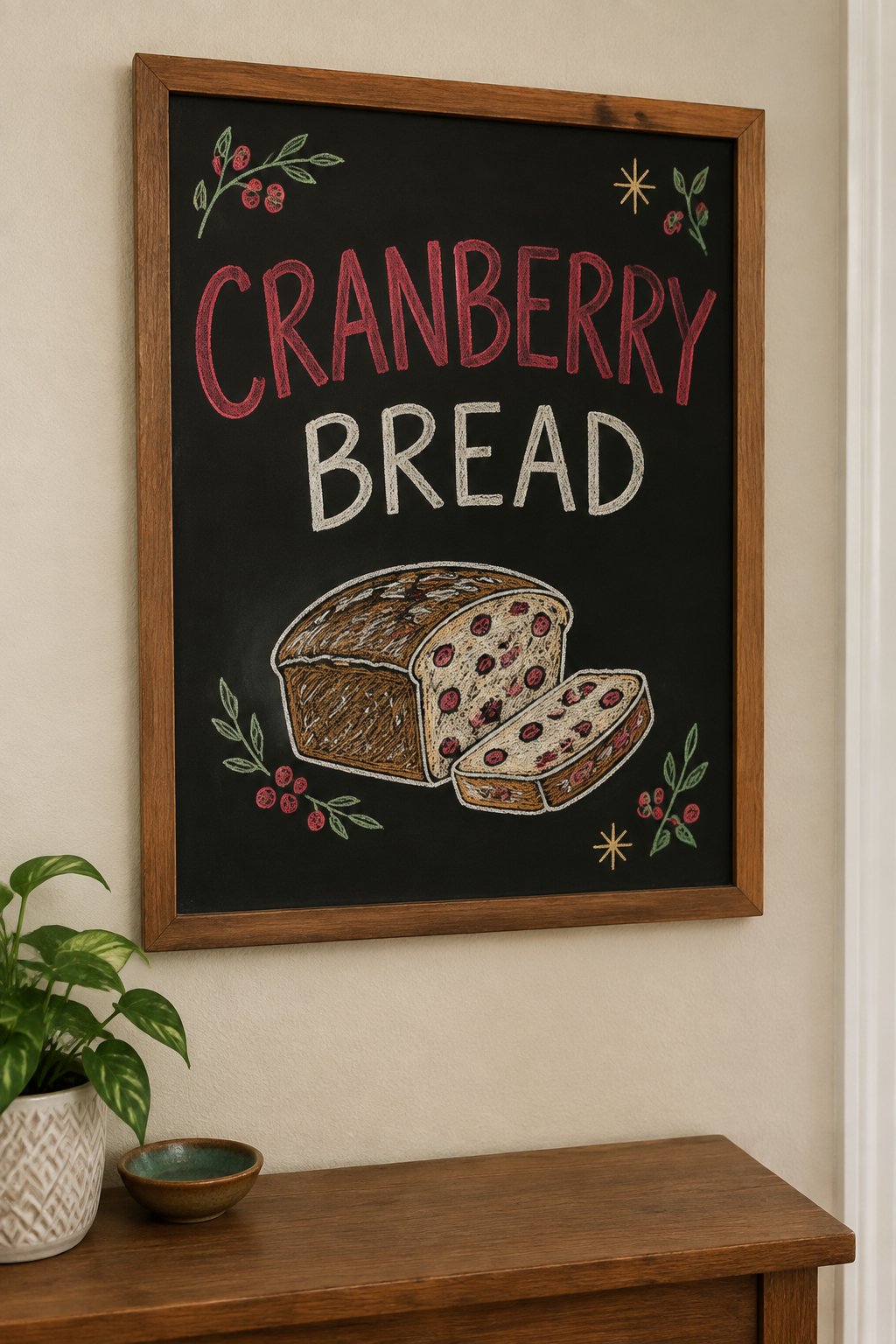 Cranberry Bread: a hand-drawn christmas chalkboard sign reading "CRANBERRY BREAD".