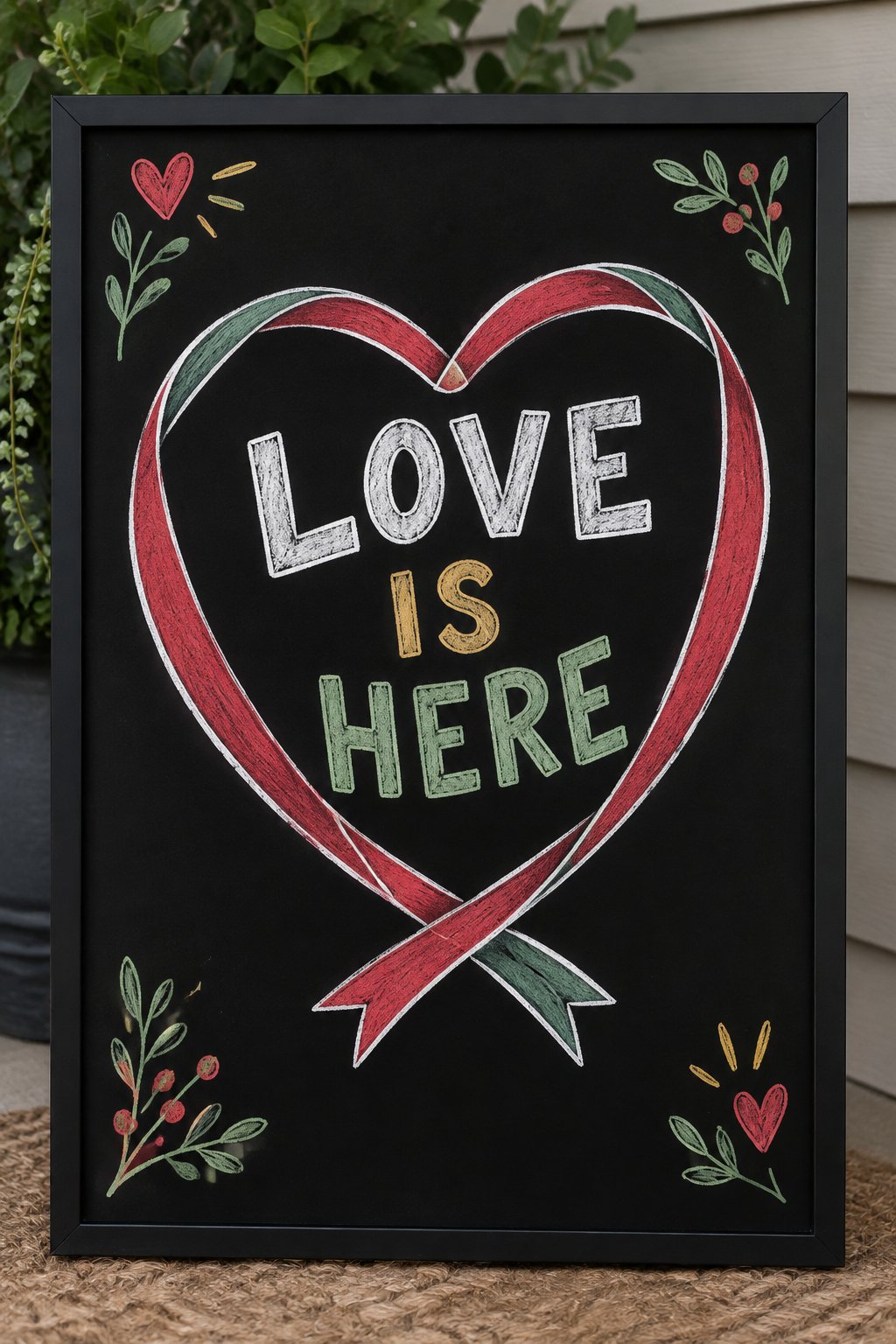 Love Is Here: a hand-drawn christmas chalkboard sign reading "LOVE IS HERE".