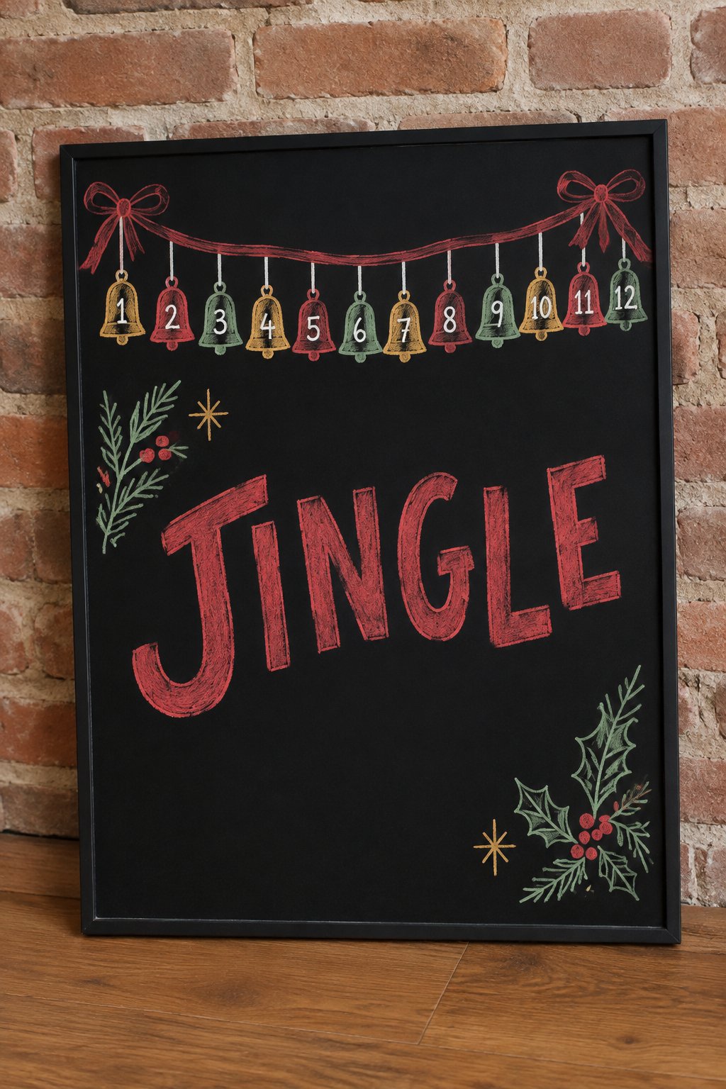 Sleigh Bell Countdown: a hand-drawn christmas chalkboard sign reading "JINGLE".
