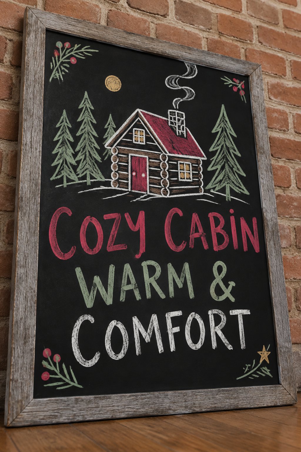 Cozy Cabin: a hand-drawn christmas chalkboard sign drawn without words, a log cabin with smoke from the chimney among pine trees, drawn with clean chalk outlines and soft color fill.