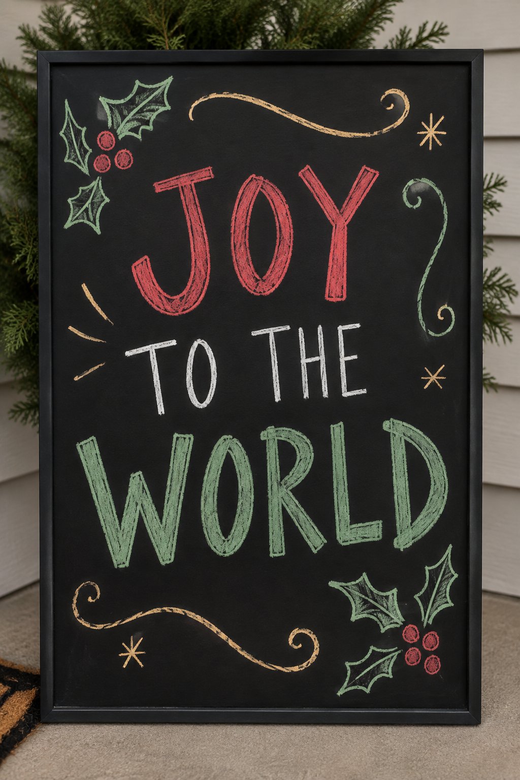 Joyful Message: a hand-drawn christmas chalkboard sign drawn without words, holly sprigs and flowing swirls.