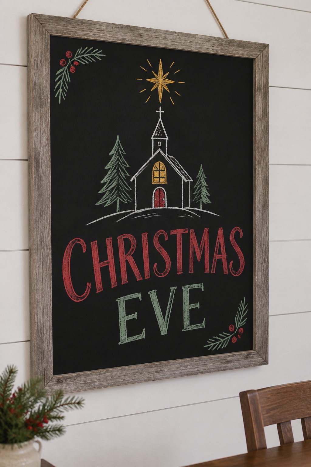 Christmas Eve Church: a hand-drawn christmas chalkboard sign reading "CHRISTMAS EVE".